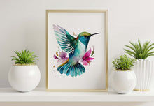Load image into Gallery viewer, Watercolor Hummingbird Print with Pink Flowers – Colorful Bird Wall Art