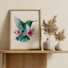 Load image into Gallery viewer, Watercolor Hummingbird Print with Pink Flowers – Colorful Bird Wall Art
