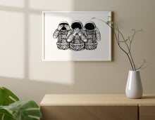 Load image into Gallery viewer, See No Evil, Hear No Evil, Speak No Evil Astronauts Print – Black & White Illustrated Wall Art