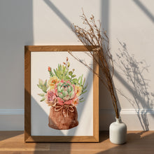 Load image into Gallery viewer, Succulent Bouquet Print – Watercolour Succulents in Rustic Burlap Sack