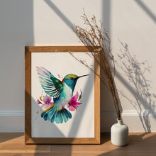 Load image into Gallery viewer, Watercolor Hummingbird Print with Pink Flowers – Colorful Bird Wall Art