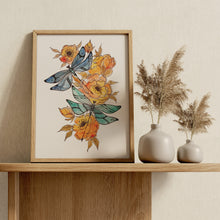 Load image into Gallery viewer, Dragonflies and Orange Flowers Print – Watercolour Style Botanical Wall Art