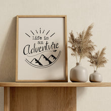 Load image into Gallery viewer, Life Is an Adventure Print – Mountains and Airplane Travel Quote Art