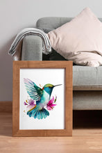 Load image into Gallery viewer, Watercolor Hummingbird Print with Pink Flowers – Colorful Bird Wall Art