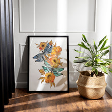 Load image into Gallery viewer, Dragonflies and Orange Flowers Print – Watercolour Style Botanical Wall Art