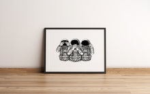 Load image into Gallery viewer, See No Evil, Hear No Evil, Speak No Evil Astronauts Print – Black & White Illustrated Wall Art