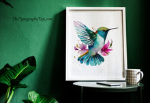 Load image into Gallery viewer, Watercolor Hummingbird Print with Pink Flowers – Colorful Bird Wall Art