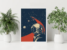 Load image into Gallery viewer, Vintage Space Race Astronaut Print – Retro Navy and Red Space Poster