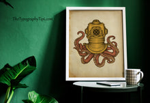 Load image into Gallery viewer, Steampunk Octopus Diving Helmet Print – Vintage Nautical Kraken Illustration