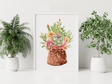 Load image into Gallery viewer, Succulent Bouquet Print – Watercolour Succulents in Rustic Burlap Sack