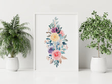 Load image into Gallery viewer, Watercolor Rose Bouquet Print – Colorful Floral Arrangement in Pink, Yellow and Purple