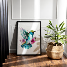 Load image into Gallery viewer, Watercolor Hummingbird Print with Pink Flowers – Colorful Bird Wall Art