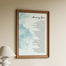 Load image into Gallery viewer, Amazing Grace My Chains Are Gone hymn lyrics in black lettering beside a soft teal watercolour wash in a wooden frame