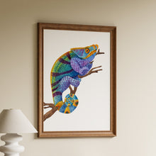 Load image into Gallery viewer, Colourful watercolour style chameleon print in blue, green and purple, perched on a branch