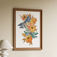 Load image into Gallery viewer, Watercolour style print of two dragonflies, one blue and one green, among orange and gold flowers