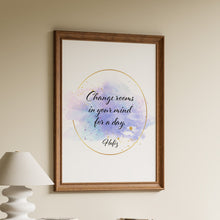 Load image into Gallery viewer, Framed Hafiz quote print "change rooms in your mind for a day" with a purple watercolour background and gold circle