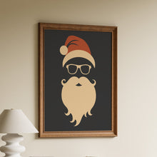 Load image into Gallery viewer, Modern hipster Santa with a red hat, glasses and a cream curled mustache and beard on a dark charcoal background in a wooden frame