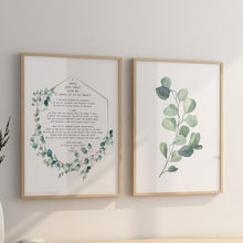 Load image into Gallery viewer, Two framed prints, E.E. Cummings poem "I carry your heart with me" in a eucalyptus wreath beside a matching eucalyptus sprig print