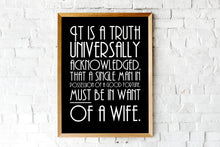 Load image into Gallery viewer, Jane Austen Quote Print – Pride and Prejudice Literary Wall Art "It is a truth universally acknowledged..."