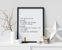 Load image into Gallery viewer, The Serenity Prayer Print - Reinhold Niebuhr - sobriety gift Alcoholics Anonymous twelve step recovery UNFRAMED