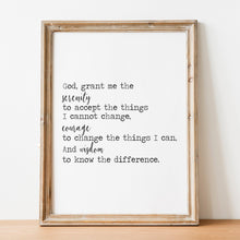 Load image into Gallery viewer, The Serenity Prayer Print - Reinhold Niebuhr - sobriety gift Alcoholics Anonymous twelve step recovery UNFRAMED