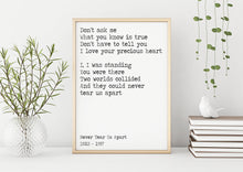 Load image into Gallery viewer, INXS lyrics poster - Never tear us apart - Music Print bedroom decor home office decor record poster UNFRAMED