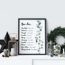 Load image into Gallery viewer, Christian Affirmation Print You Are... Beautiful, Victorious, Enough, Created, Strong, Amazing, Capable, Chosen, Never Alone, Loved