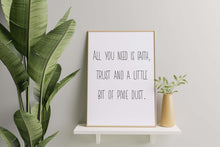 Load image into Gallery viewer, Peter Pan Quote Print – Faith, Trust and Pixie Dust – Black and White Minimalist Nursery or Magical Wall Art Framed & Unframed Options