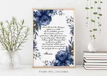 Load image into Gallery viewer, Saint Michael the Archangel prayer print on a white background with a cursive font in a handwritten style and dark blue watercolor flowers surrounding the text. The print is displayed in a golden frame, the frame is not included.