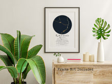 Load image into Gallery viewer, Kintsugi Definition wall art print with a gold and dark navy circle design on a white background. Shown here in a black frame, not included