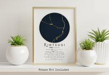 Load image into Gallery viewer, Kintsugi Definition wall art print with a gold and dark navy circle design on a white background. Shown here in a gold frame, not included