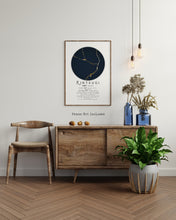 Load image into Gallery viewer, Kintsugi Definition wall art print with a gold and dark navy circle design on a white background. Shown here in a wooden frame, not included