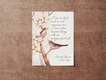 Load image into Gallery viewer, Jane Eyre Quote Print Charlotte Brontë Literary Wall Art, "I am no bird" Feminist Book Lover Gift, Vintage Bird Illustration, Classic Novel