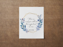 Load image into Gallery viewer, Sylvia Plath Quote Print – “Kiss Me” Literary Wall Art, Blue Floral Wreath Poster, Romantic Feminist Gift, Unframed Book Lover Decor