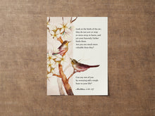 Load image into Gallery viewer, Matthew 6:26-27 Print NIV Bible verse "Look at the birds" - Scripture Wall Art - Bible print for Home Framed & Unframed Options