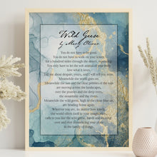 Load image into Gallery viewer, Wild Geese Poem Poster Print - Mary Oliver Poem on a blue and gold background - Physical print without frame