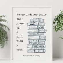 Load image into Gallery viewer, Ruth Bader Ginsburg Wall Art Never underestimate the power of a girl with a book - RBG Print - Physical Art Print Without Frame