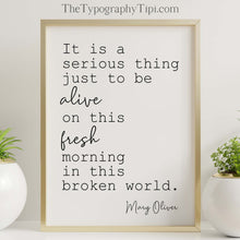 Load image into Gallery viewer, Mary Oliver Quote It is a serious thing just to be alive on this fresh morning in this broken world, Red Bird Framed & Unframed Options