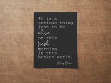 Load image into Gallery viewer, Mary Oliver Quote It is a serious thing just to be alive on this fresh morning in this broken world, Red Bird Framed & Unframed Options