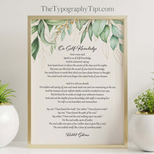 Load image into Gallery viewer, On Self-Knowledge Kahlil Gibran Poem Wall Art Print, Poetry wall art for self-discovery and awareness, The Prophet Framed & Unframed Options
