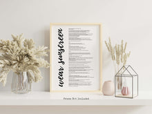 Load image into Gallery viewer, Wear Sunscreen Lyrics Poster, The Sunscreen Song Print - Music Lyrics Wall Art - Framed & Unframed Options