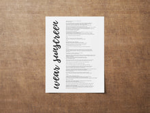 Load image into Gallery viewer, Wear Sunscreen Lyrics Poster, The Sunscreen Song Print - Music Lyrics Wall Art - Framed & Unframed Options
