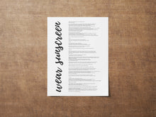 Load image into Gallery viewer, Wear Sunscreen Lyrics Print: Baz Luhrmann Sunscreen Poster