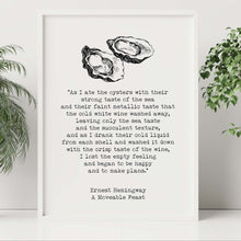 Load image into Gallery viewer, Ernest Hemingway Quote Print, As I ate the oysters... A Moveable Feast Book, Oyster Print in Black and White Unframed & Framed Options