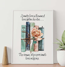 Load image into Gallery viewer, Book Lover Gift "A reader lives a thousand lives before she dies..." Bookshelf Decor