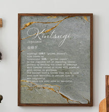 Load image into Gallery viewer, Kintsugi Definition Print – Japanese Philosophy Wall Art, Wabi-Sabi Decor, Healing and Resilience Gift, Gold Marble Aesthetic