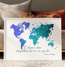 Load image into Gallery viewer, Susan Sontag Travel Quote Print "I haven't been everywhere..." Geometric World Map Art Wanderlust Wall Decor Adventure Lover Gift