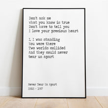 Load image into Gallery viewer, INXS “Never Tear Us Apart” Lyrics Print