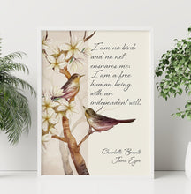 Load image into Gallery viewer, Jane Eyre Quote Print Charlotte Brontë Literary Wall Art, "I am no bird" Feminist Book Lover Gift, Vintage Bird Illustration, Classic Novel