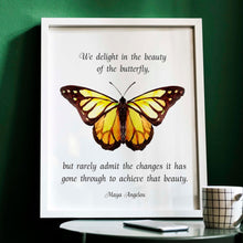 Load image into Gallery viewer, Maya Angelou Butterfly Quote "We delight in the beauty of the butterfly..." Bookish Wall Art, Book Shelf Decor